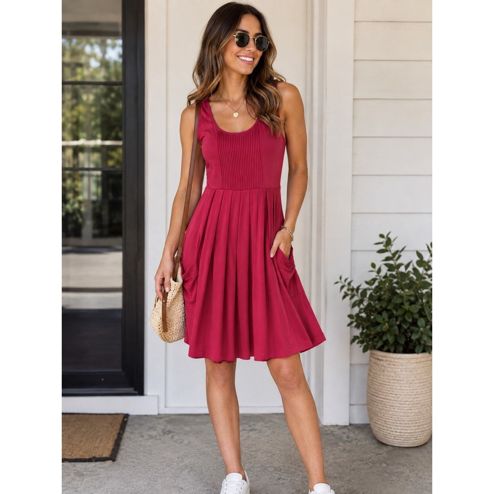 Calvin Klein Pleated Sleeveless Dress Womens Red Pockets Lightweight
